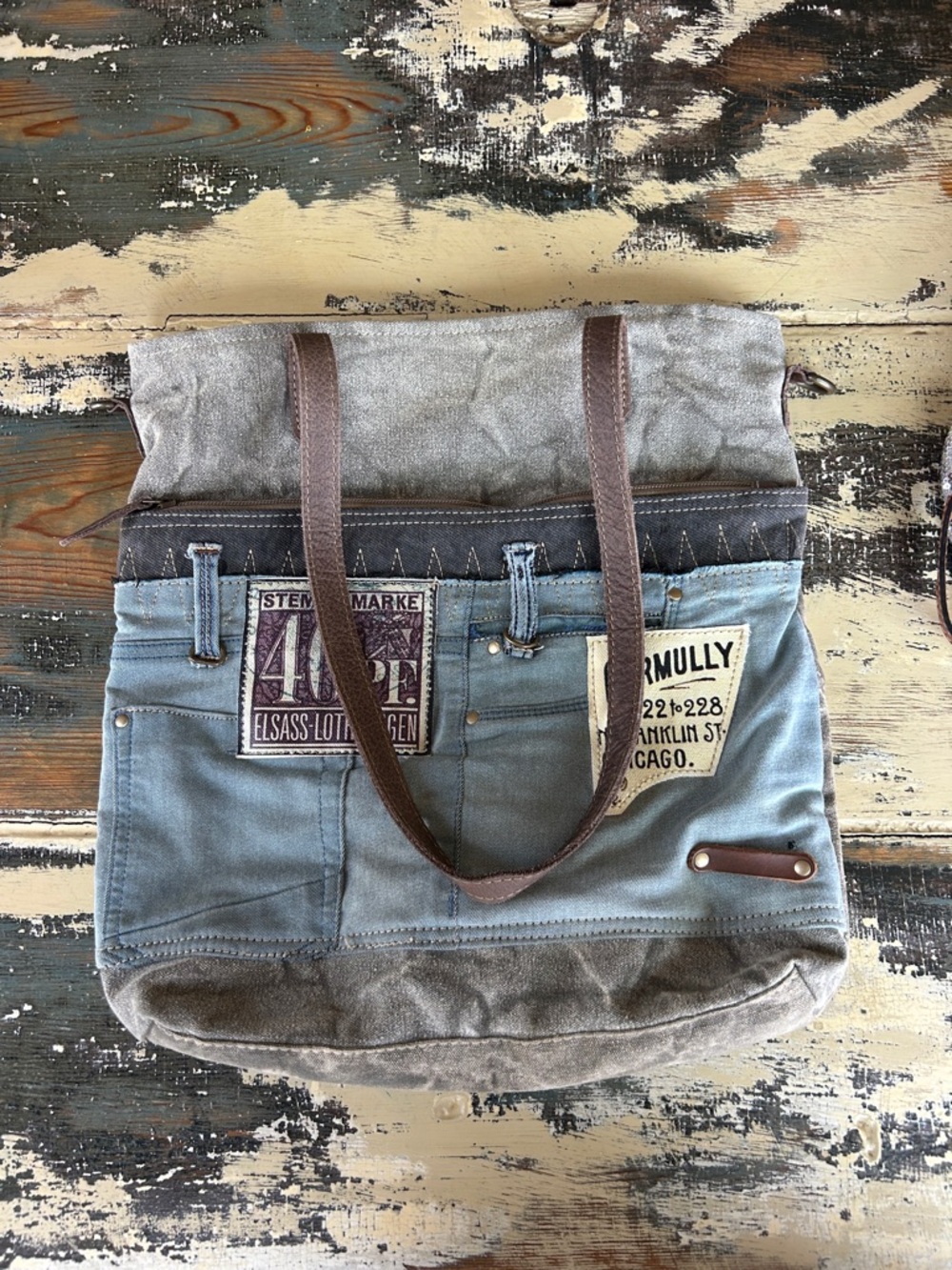 Myra Bag Blue and Gray Patchwork Messenger Tote with shoulder strap